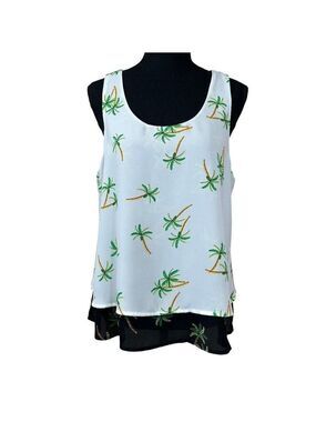 Chenault White Green Black Tropical Palm Tree Layered Sleeveless Top Size M